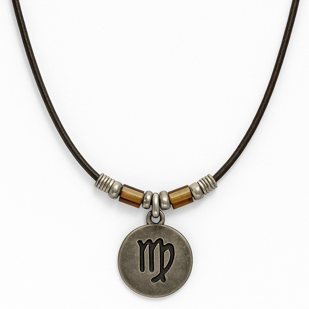 Leather Cord and Wood Bead Virgo Zodiac Pendant Necklace